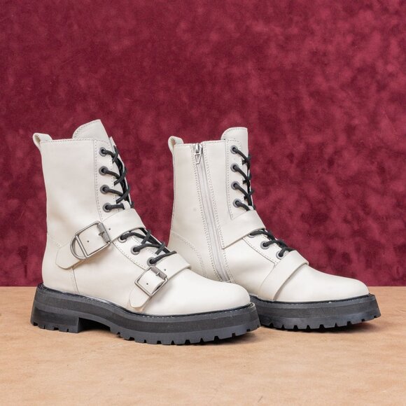 Dolce Vita Women Ronson Offwhite Leathe Lace-up Strap Combat Boots sz 7 - Picture 1 of 8